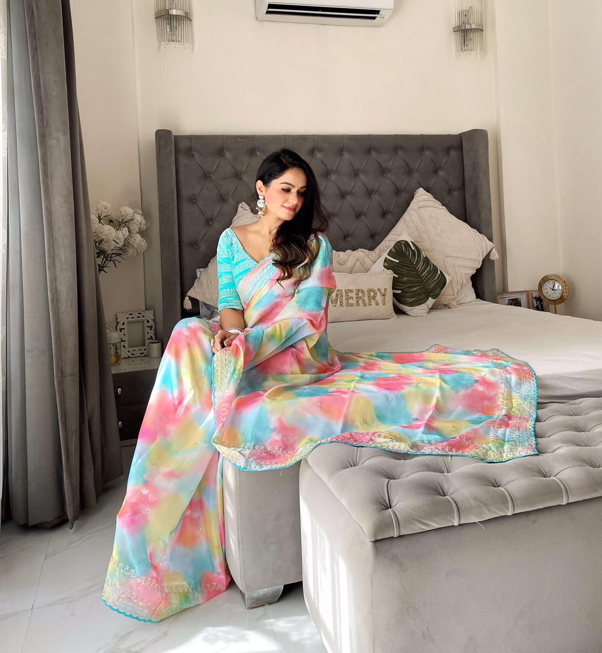 Printed saree Weight Less Fabric and Embroidery work with Sequence Arc-Cut Border