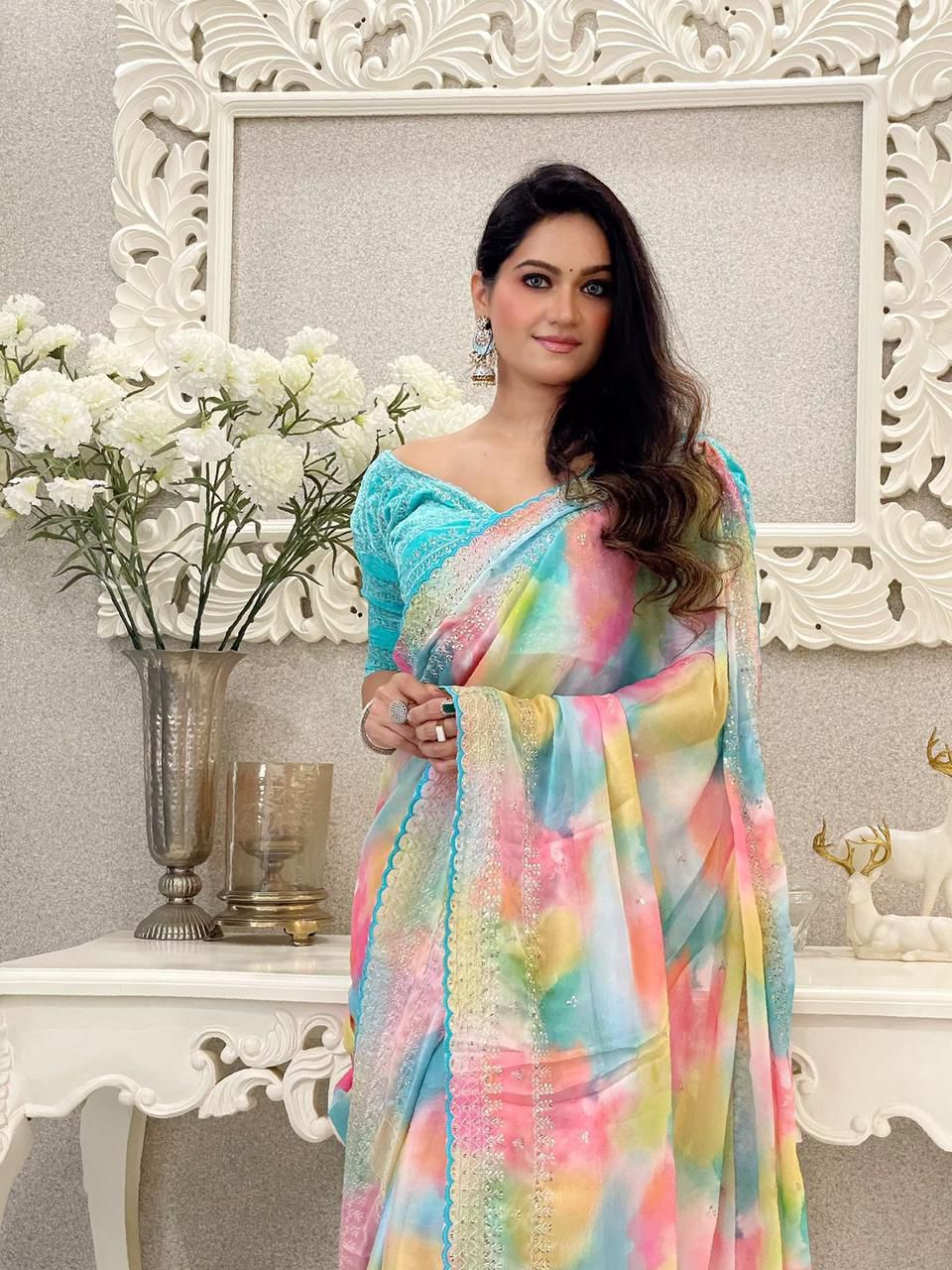 Printed saree Weight Less Fabric and Embroidery work with Sequence Arc-Cut Border