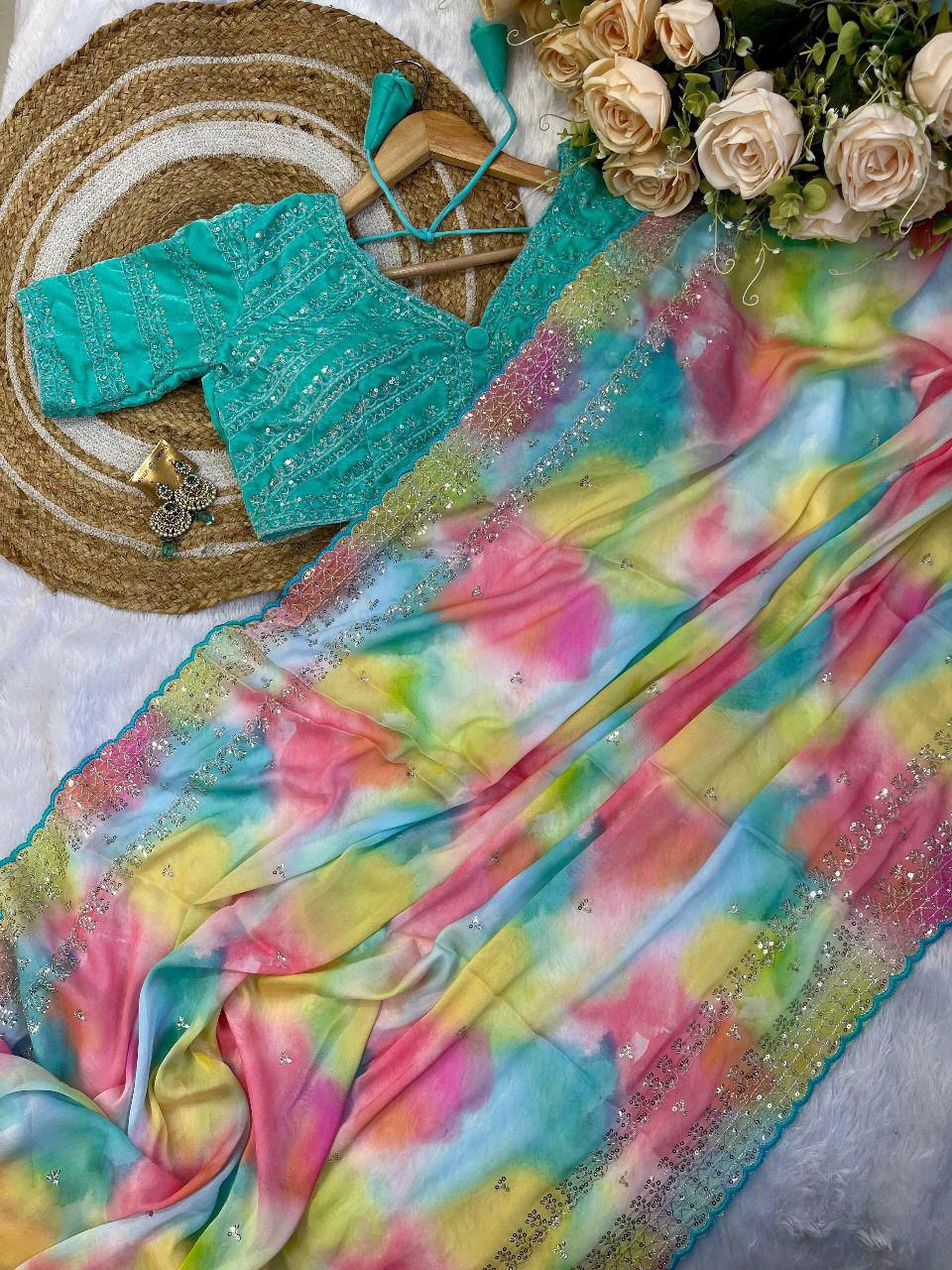 Printed saree Weight Less Fabric and Embroidery work with Sequence Arc-Cut Border