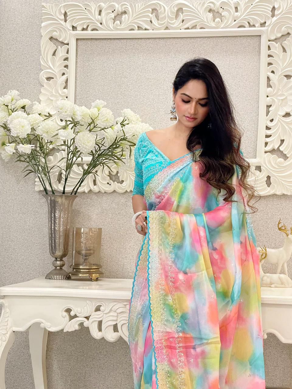 Printed saree Weight Less Fabric and Embroidery work with Sequence Arc-Cut Border