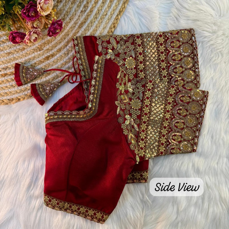 Sweetheart Neck Blouse Sequence with Embroidery work on Sleeves Soft Italian Silk fabric with Tricot Fuising
