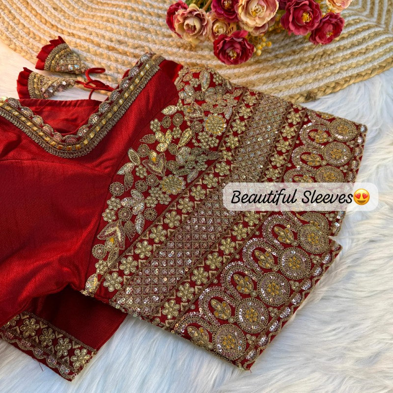 Sweetheart Neck Blouse Sequence with Embroidery work on Sleeves Soft Italian Silk fabric with Tricot Fuising
