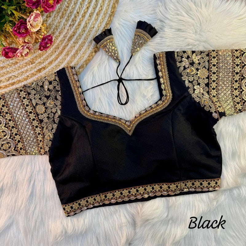 Sweetheart Neck Blouse Sequence with Embroidery work on Sleeves Soft Italian Silk fabric with Tricot Fuising