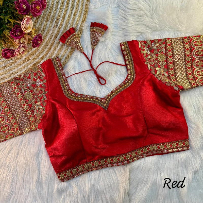 Sweetheart Neck Blouse Sequence with Embroidery work on Sleeves Soft Italian Silk fabric with Tricot Fuising