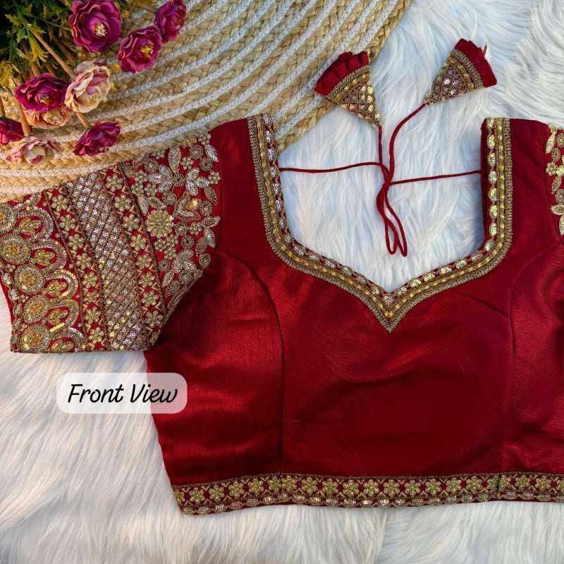 Sweetheart Neck Blouse Sequence with Embroidery work on Sleeves Soft Italian Silk fabric with Tricot Fuising