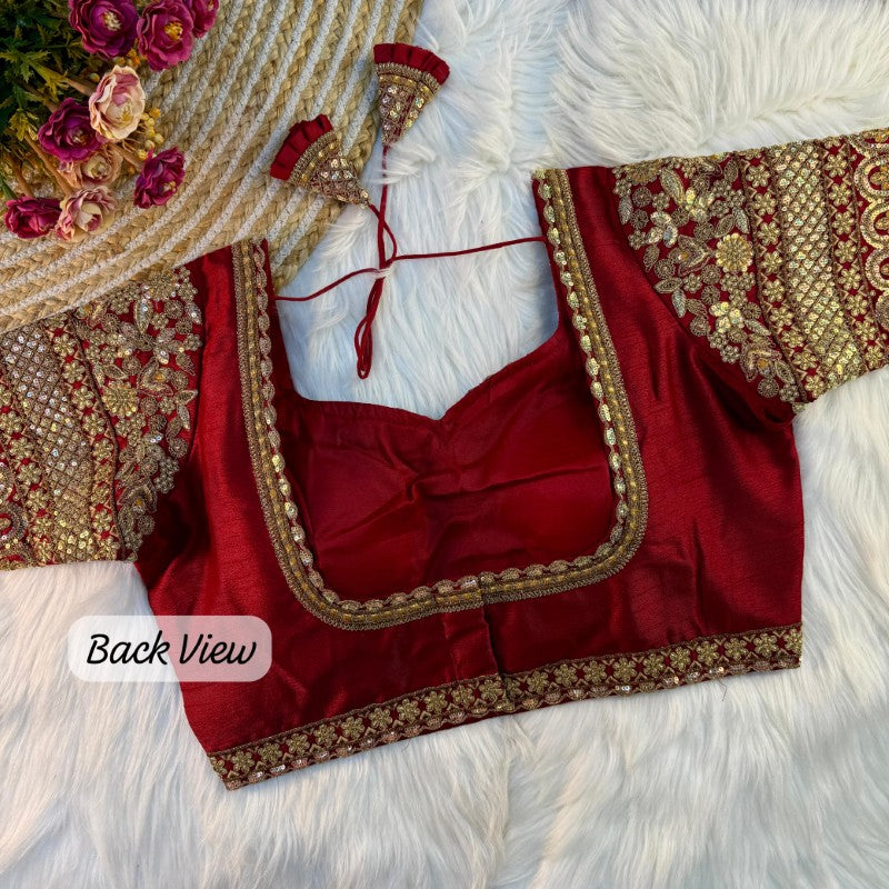 Sweetheart Neck Blouse Sequence with Embroidery work on Sleeves Soft Italian Silk fabric with Tricot Fuising