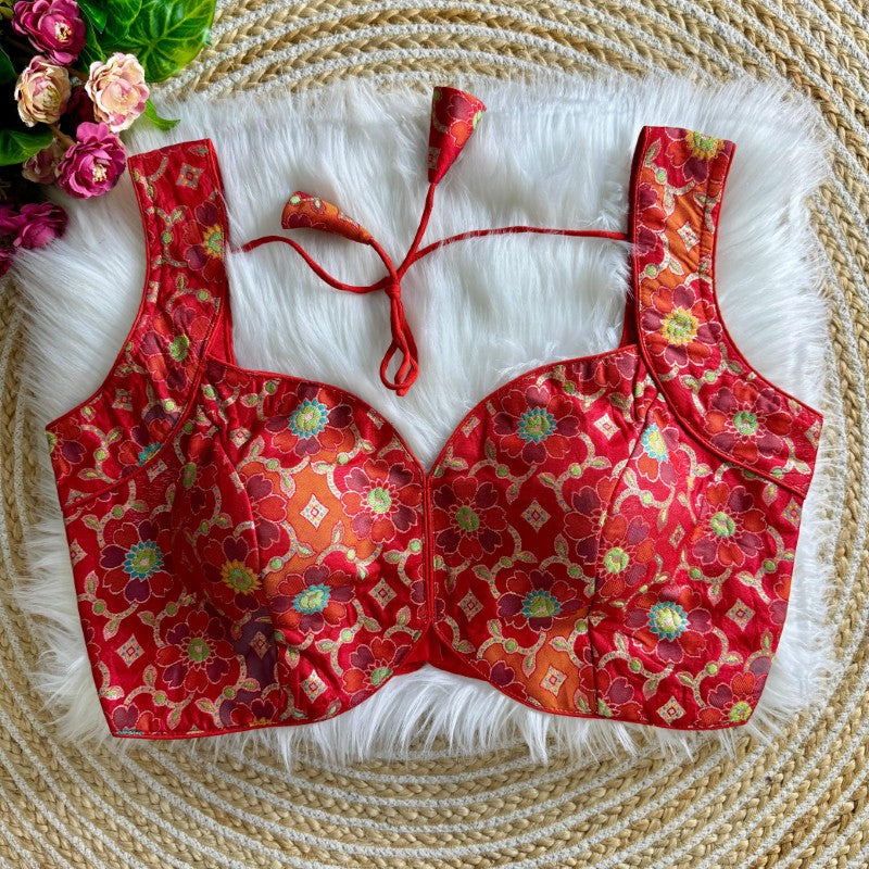 Sleeveless Blouse Jacquard silk with Flower Print back open Style