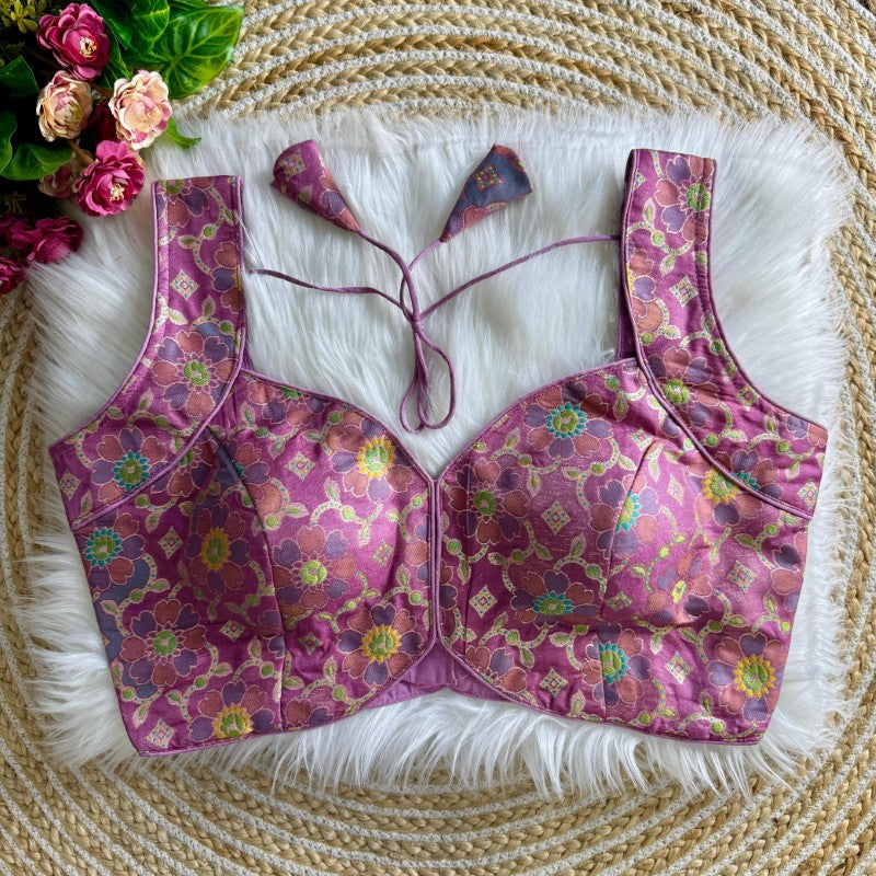 Sleeveless Blouse Jacquard silk with Flower Print back open Style