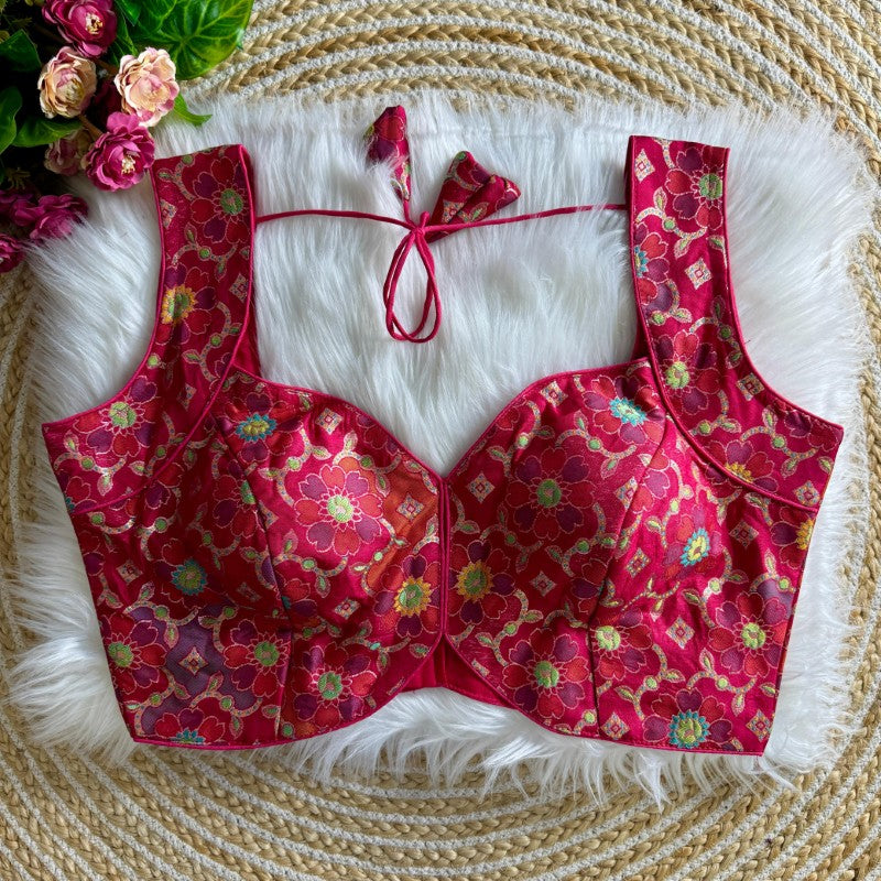 Sleeveless Blouse Jacquard silk with Flower Print back open Style