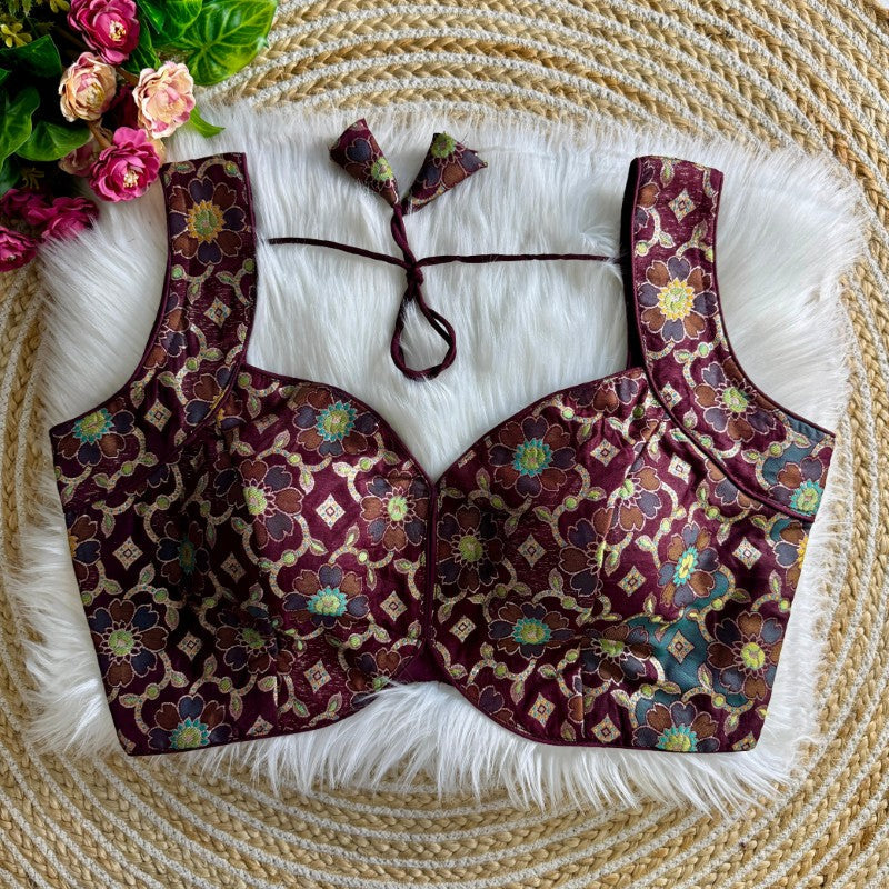 Sleeveless Blouse Jacquard silk with Flower Print back open Style