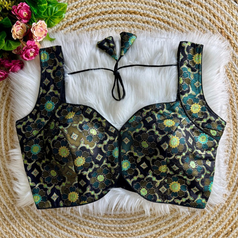 Sleeveless Blouse Jacquard silk with Flower Print back open Style