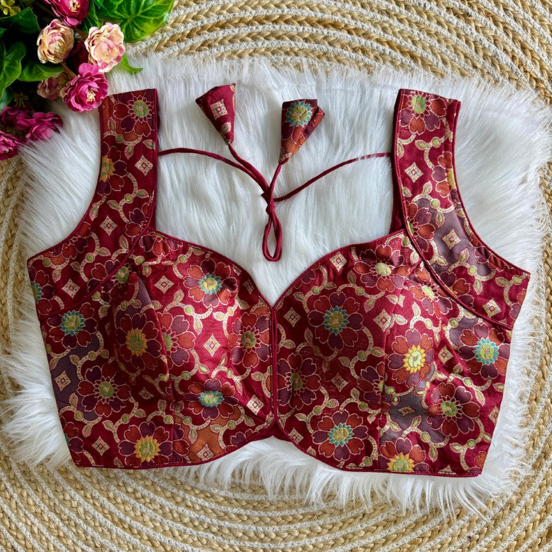 Sleeveless Blouse Jacquard silk with Flower Print back open Style