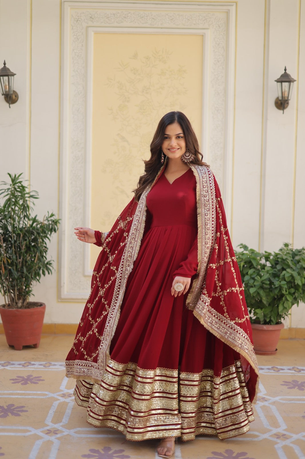 Readymade gown with Dupatta Faux Blooming Sequins with Embroidered dress Salwar Kameez