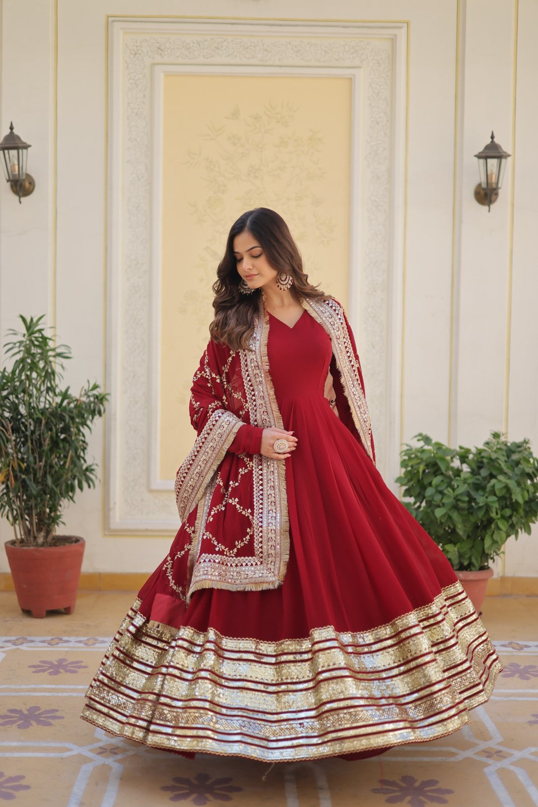Readymade gown with Dupatta Faux Blooming Sequins with Embroidered dress Salwar Kameez