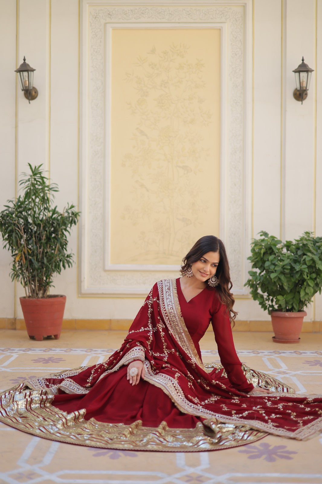Readymade gown with Dupatta Faux Blooming Sequins with Embroidered dress Salwar Kameez