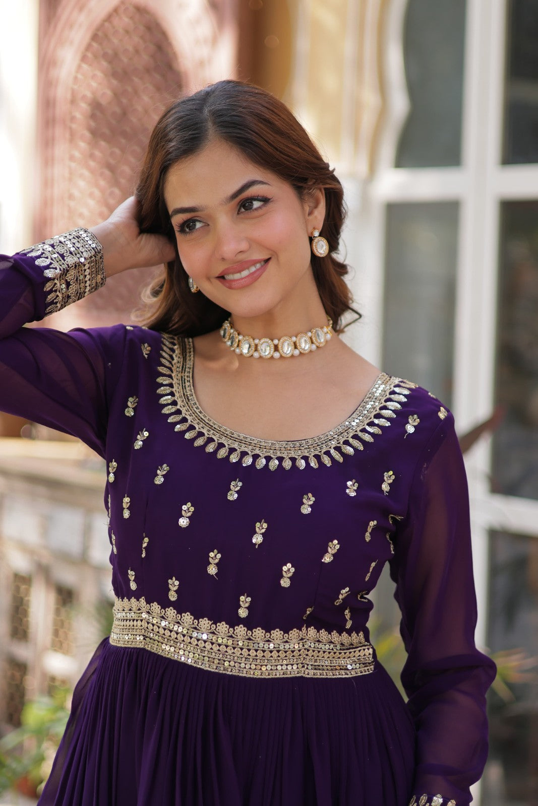 Ethnic Gown Readymade Georgette Fabric with embroidered Sequin work