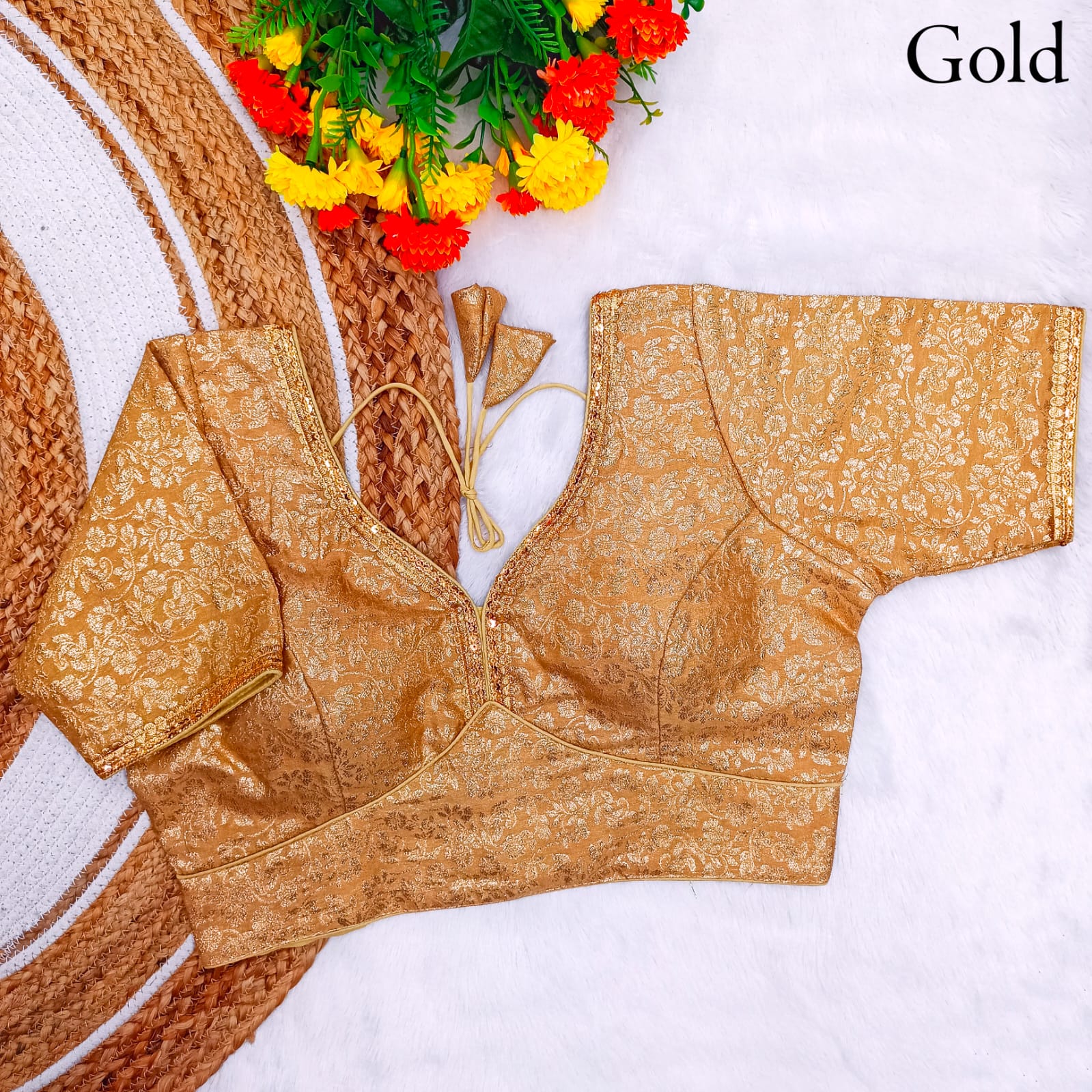 Pure dola silk Weaving zari Lace border work Padded V neck blouse