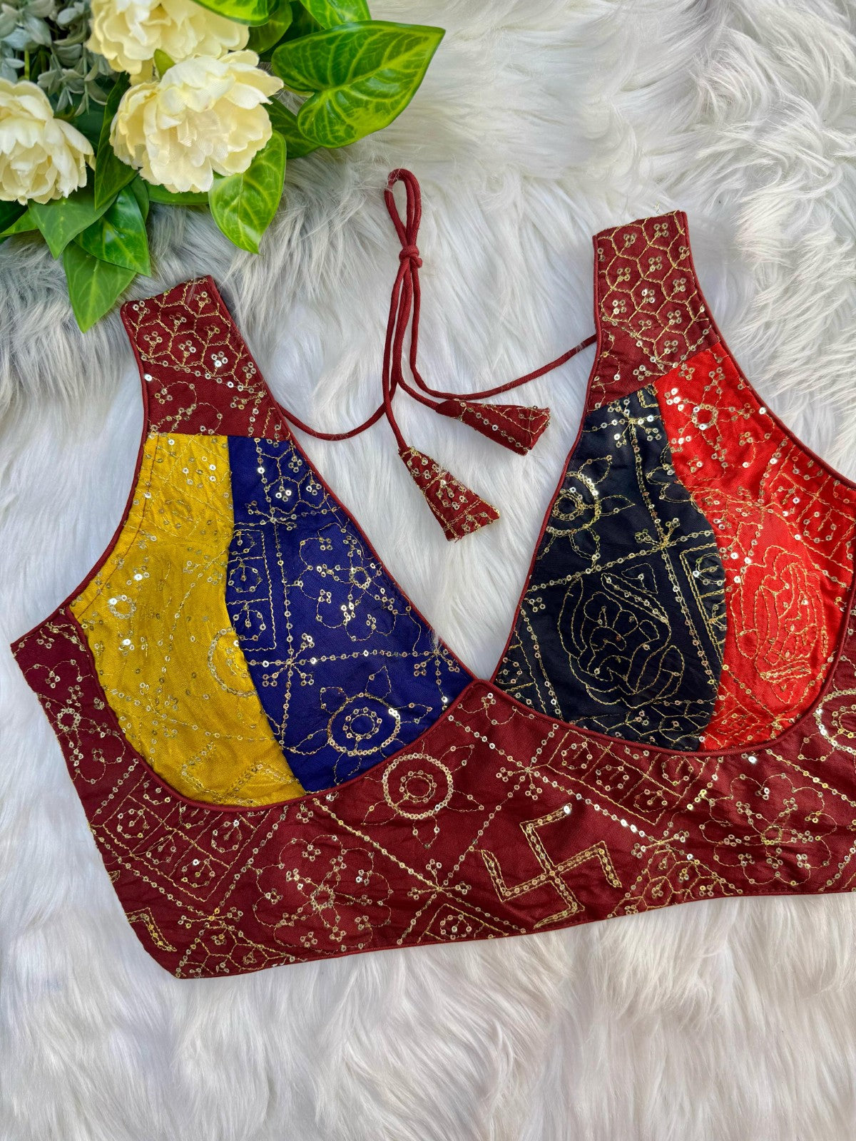 Multi printed with Sequins work Sleeveless V neck Silk fabric Saree blouse