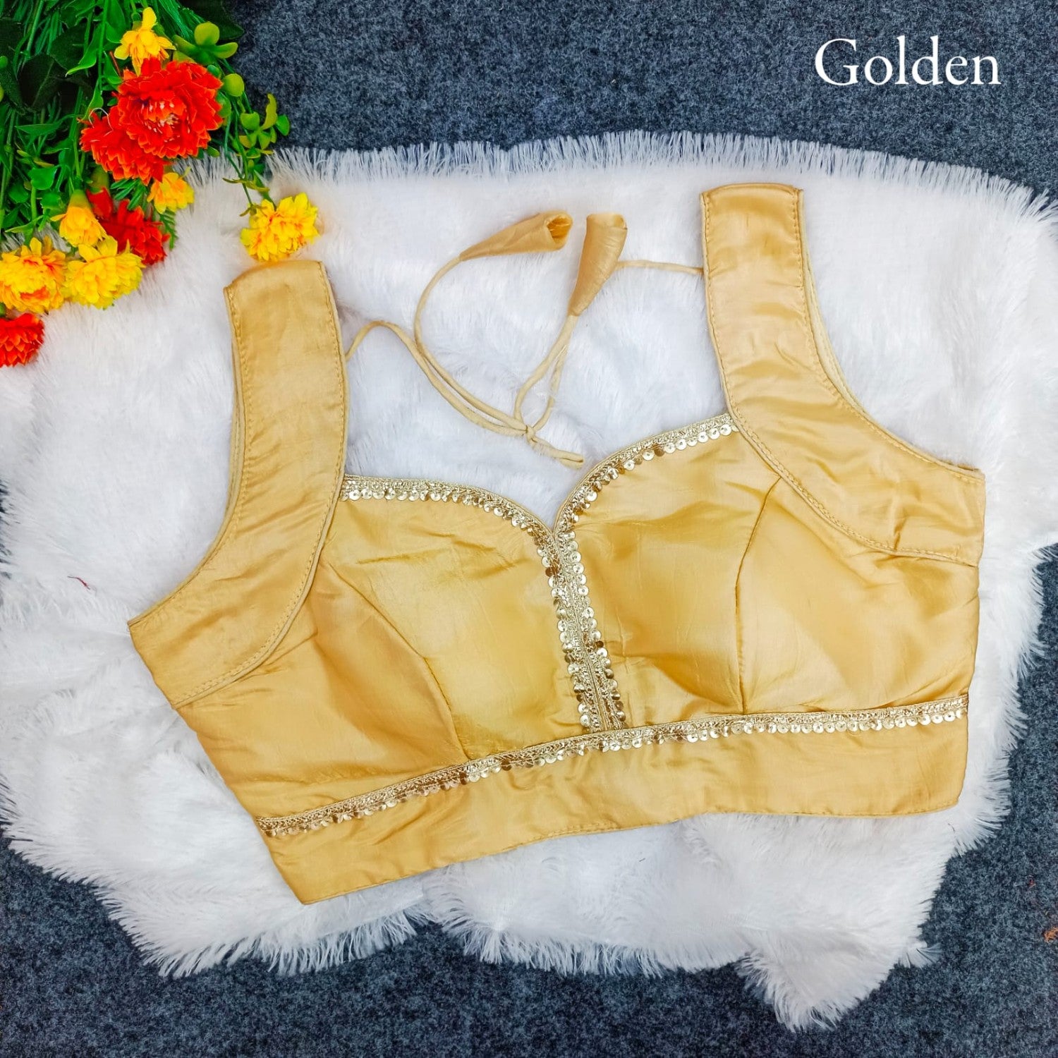 Western style Crop Top Gold Crush Sequin lace work Sleeveless Padded Blouse