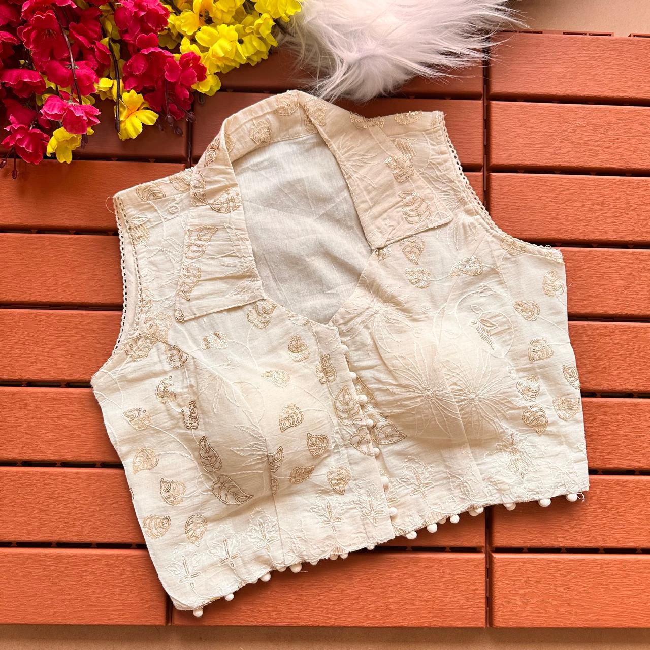 White Padded Pure Khadi cotton Embroidery with Sequins Collar neck Sleeveless blouse