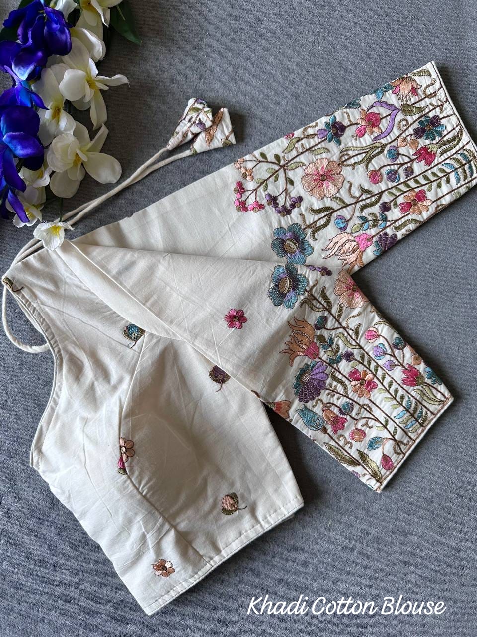 Pure Khadi Cotton fabric Chain stitched Multi embroidery work Padded White blouse