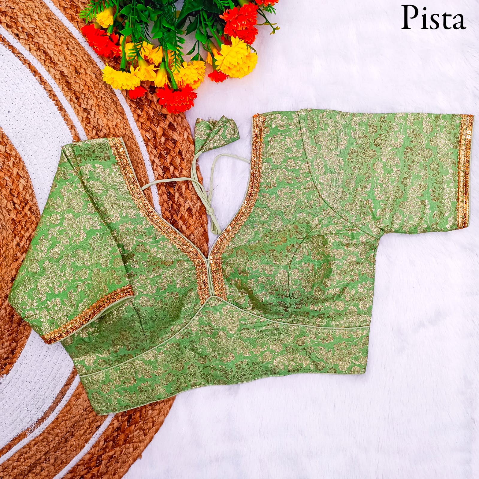 Pure dola silk Weaving zari Lace border work Padded V neck blouse