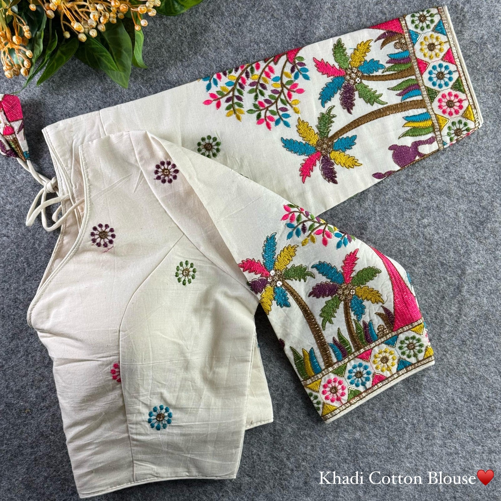 White Khadi cotton with Thread Coding Embroidery work Padded Blouse