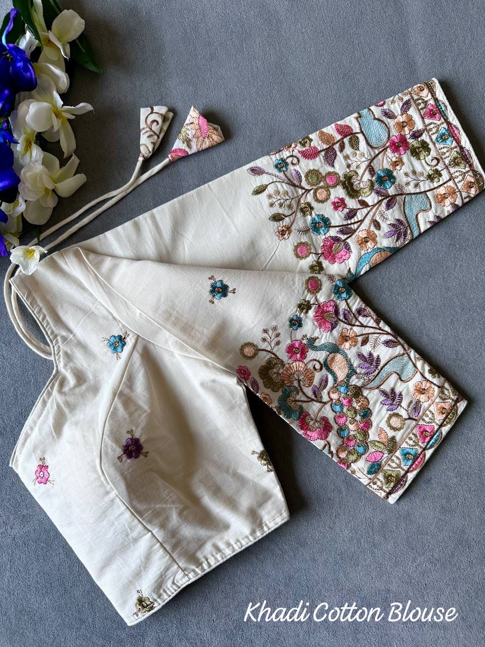 Pure Khadi Cotton fabric Chain stitched Multi embroidery work Padded White blouse