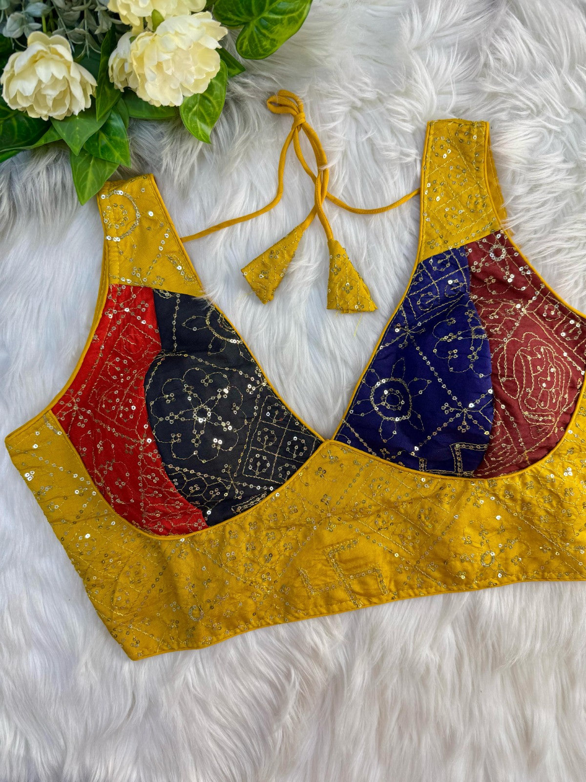 Multi printed with Sequins work Sleeveless V neck Silk fabric Saree blouse