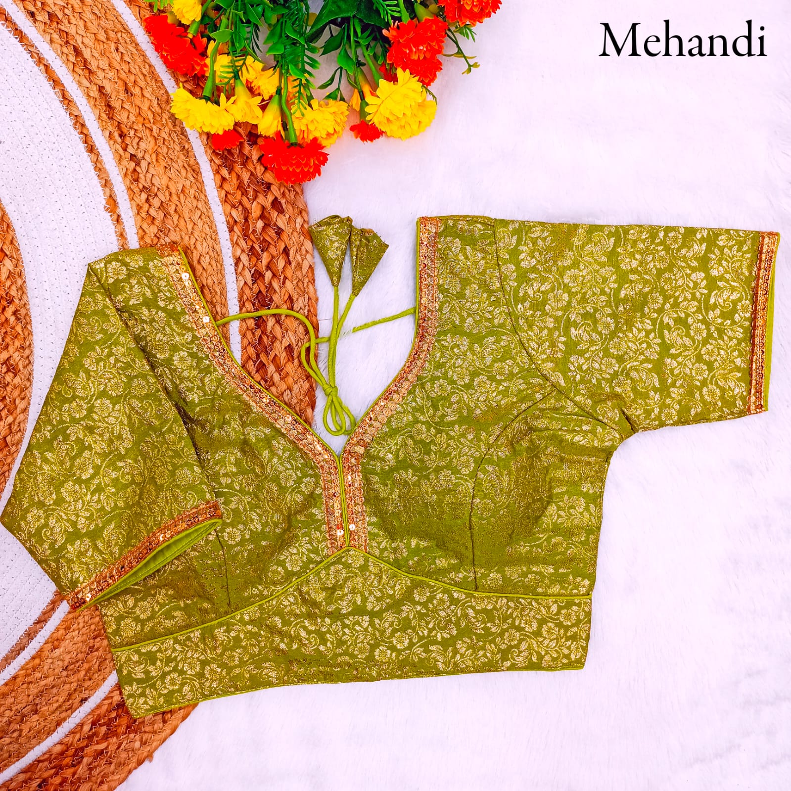 Pure dola silk Weaving zari Lace border work Padded V neck blouse
