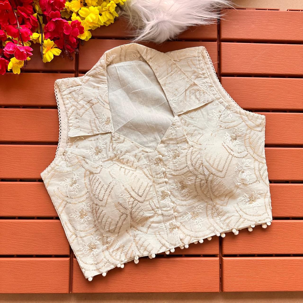 White Padded Pure Khadi cotton Embroidery with Sequins Collar neck Sleeveless blouse