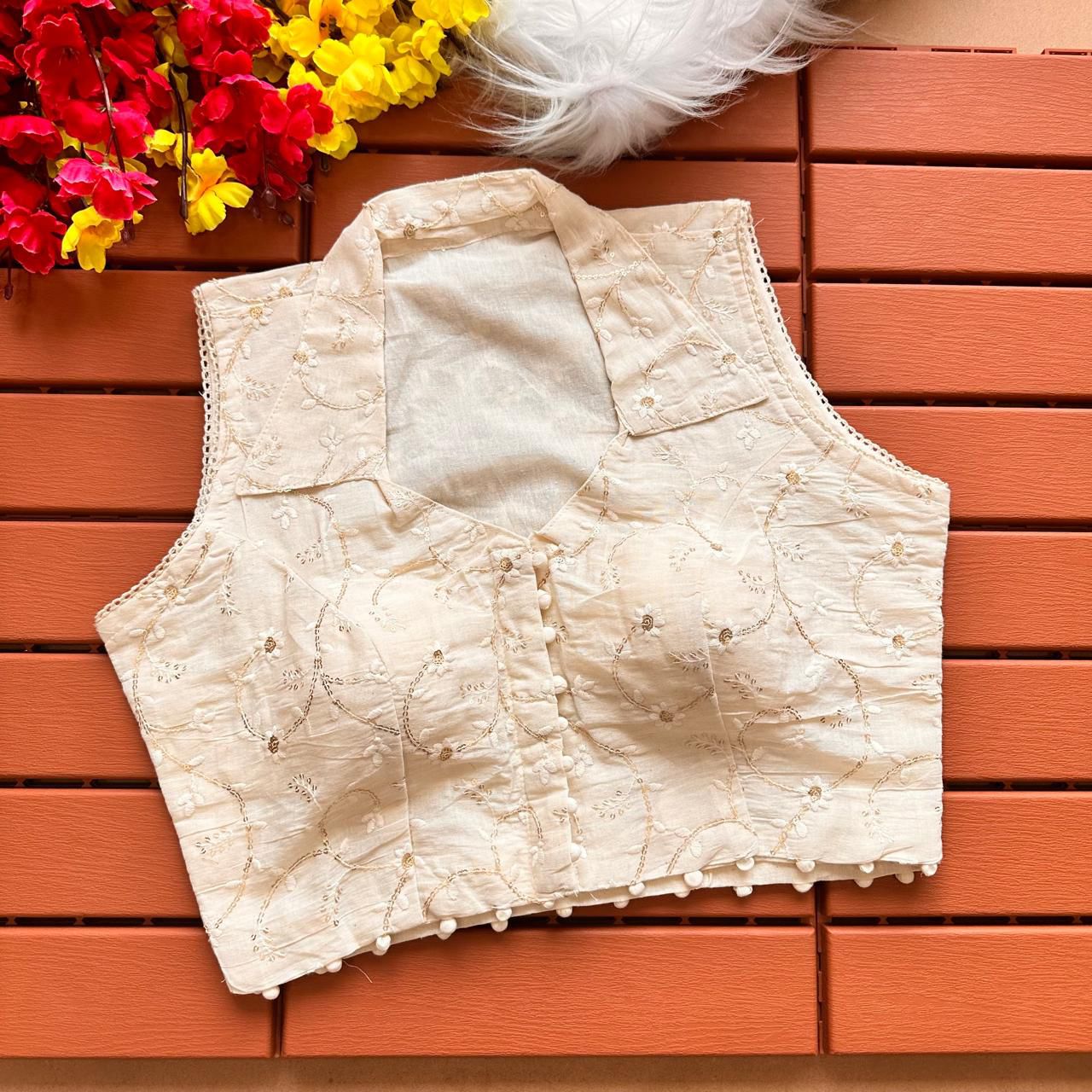 White Padded Pure Khadi cotton Embroidery with Sequins Collar neck Sleeveless blouse