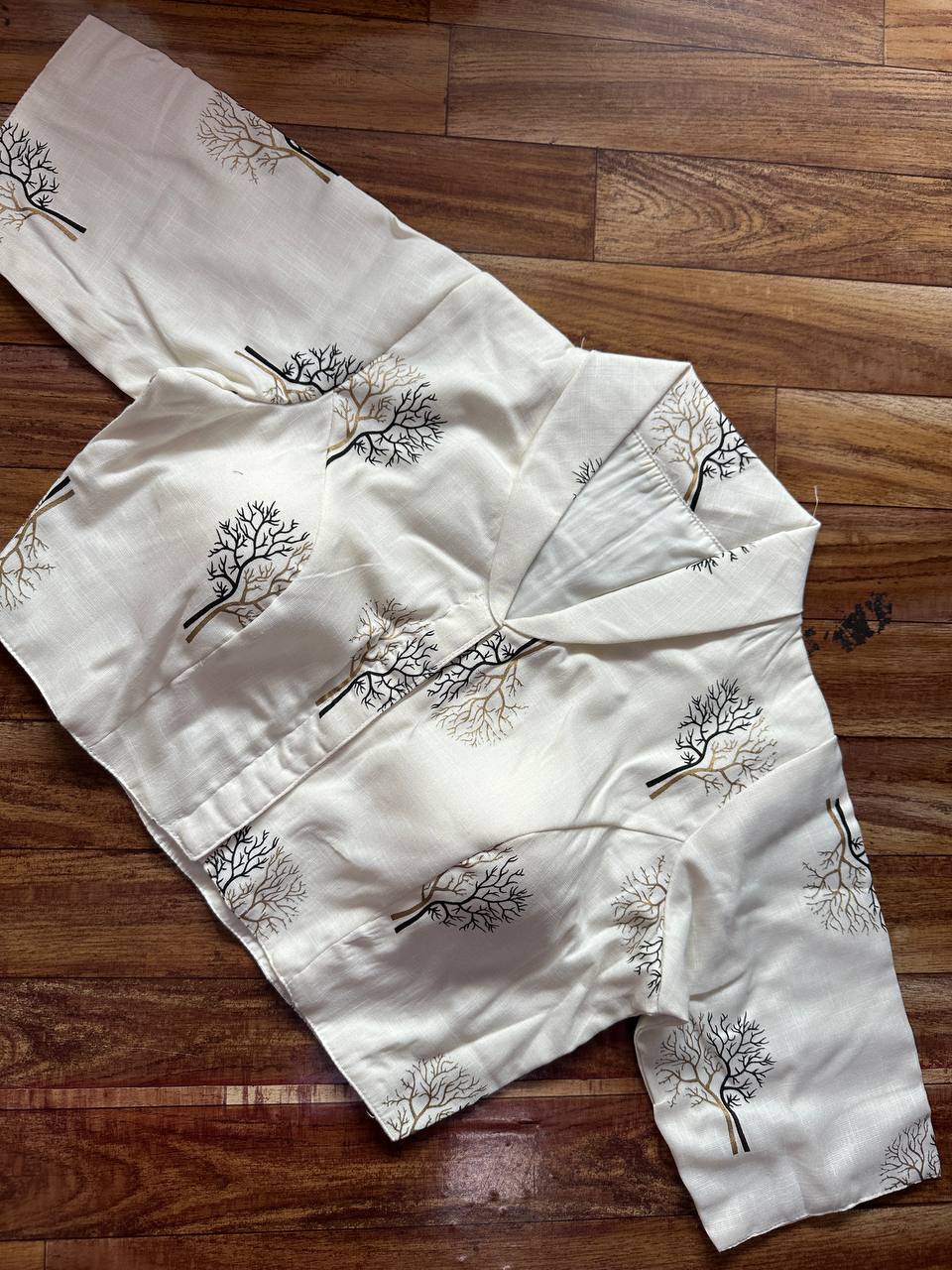 Magic Cotton Front open with hook Padded Off White Printed blouse