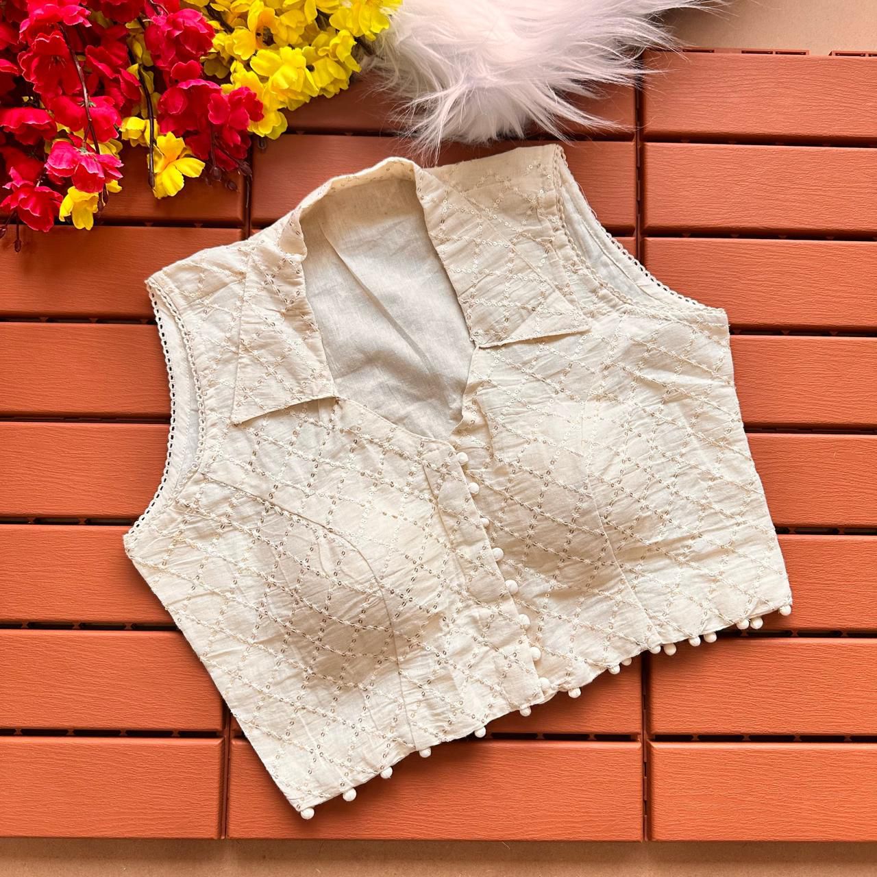 White Padded Pure Khadi cotton Embroidery with Sequins Collar neck Sleeveless blouse