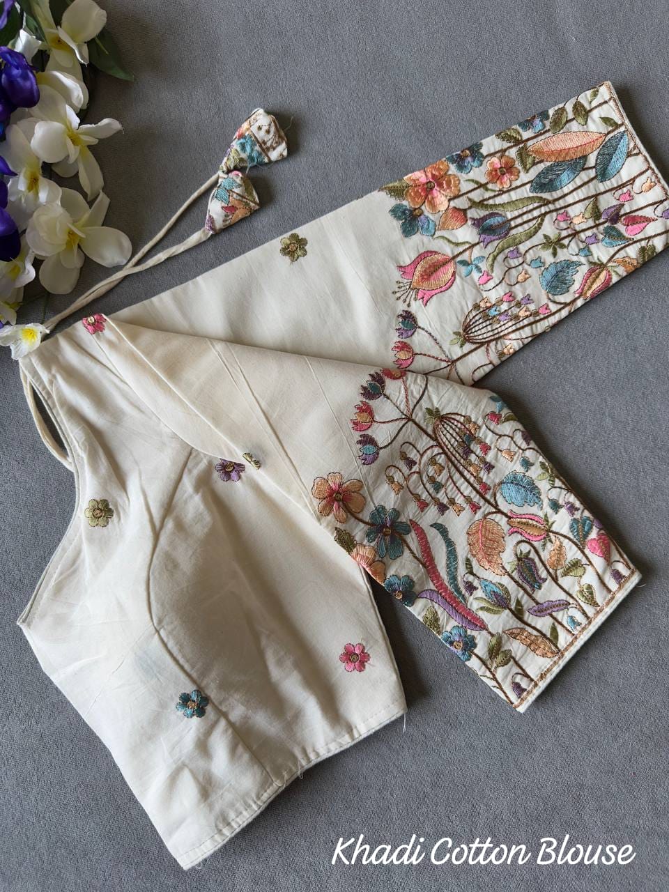 Pure Khadi Cotton fabric Chain stitched Multi embroidery work Padded White blouse