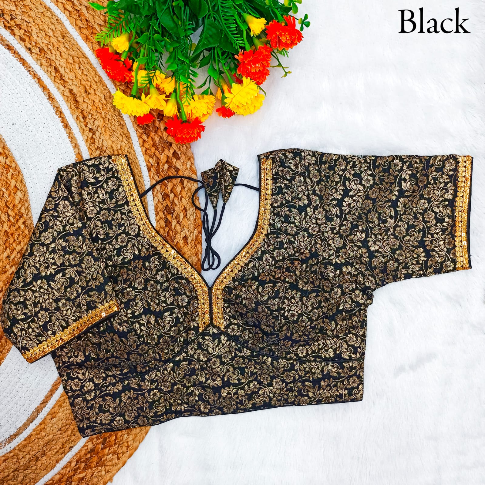 Pure dola silk Weaving zari Lace border work Padded V neck blouse