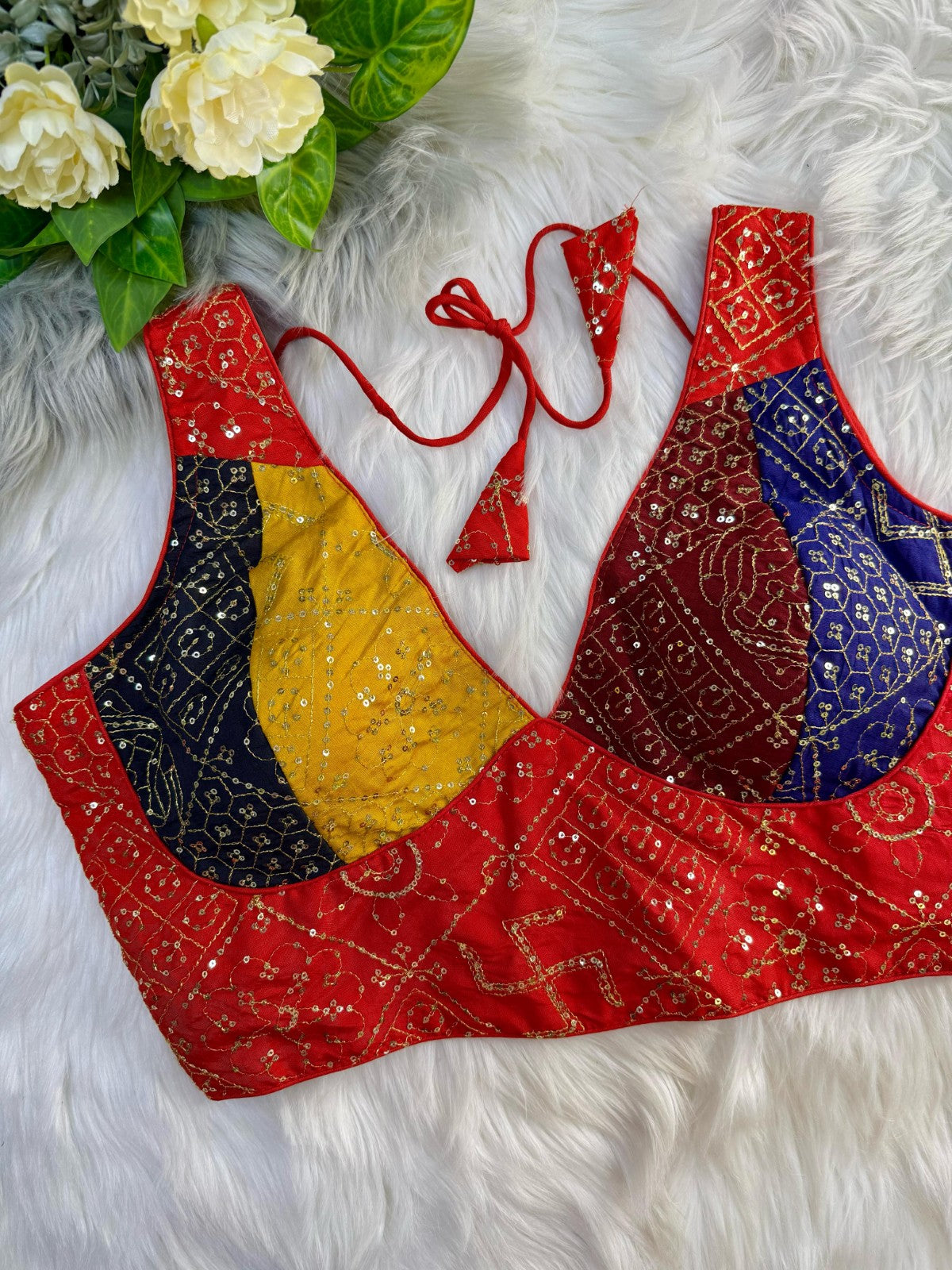 Multi printed with Sequins work Sleeveless V neck Silk fabric Saree blouse