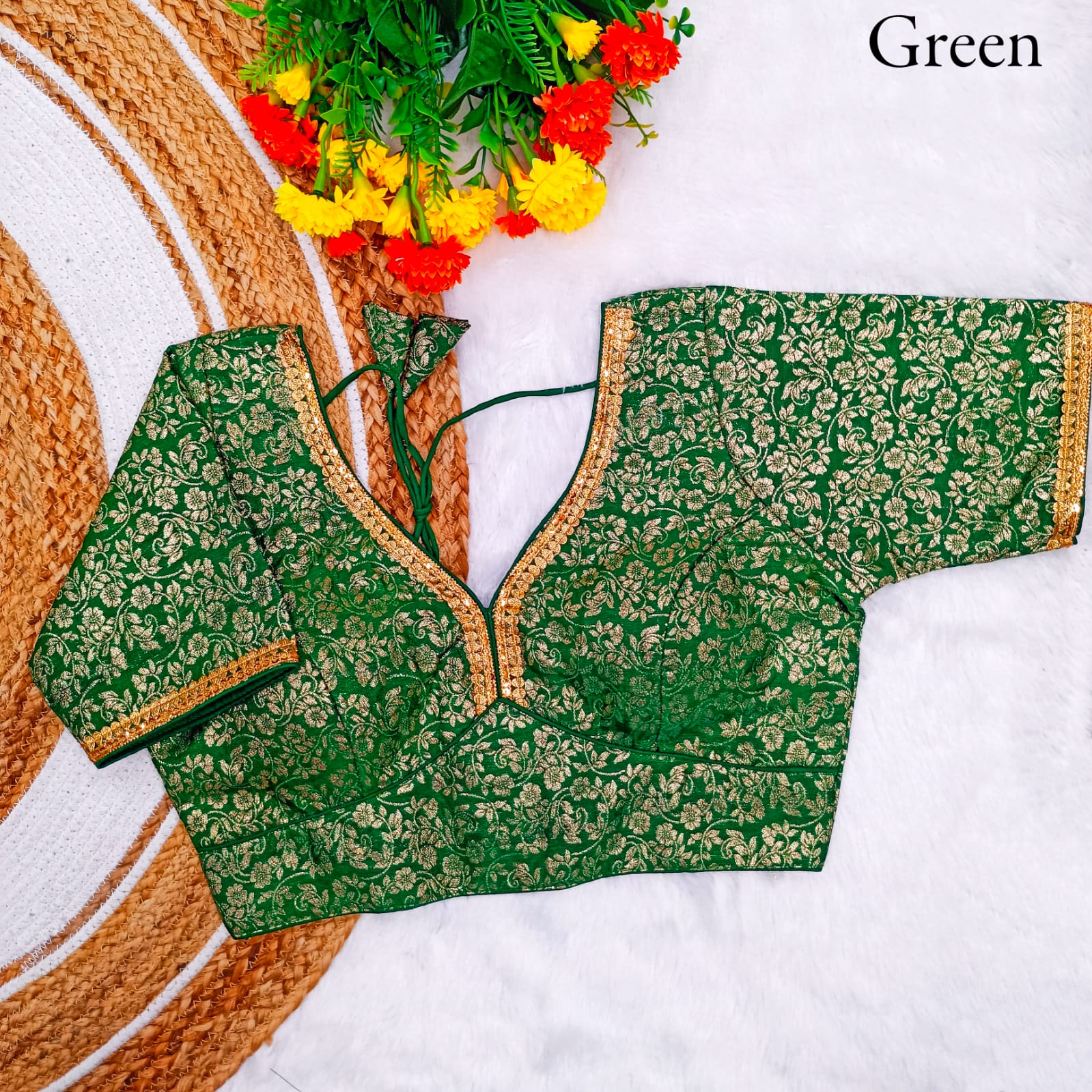 Pure dola silk Weaving zari Lace border work Padded V neck blouse