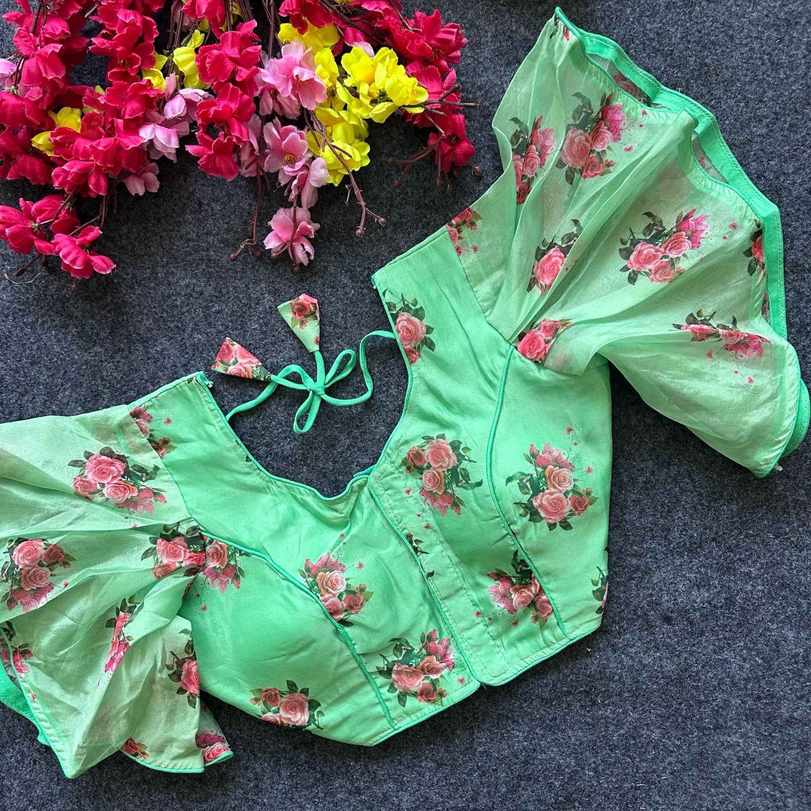 Pure organza with Digital print work Padded Frill sleeves blouse