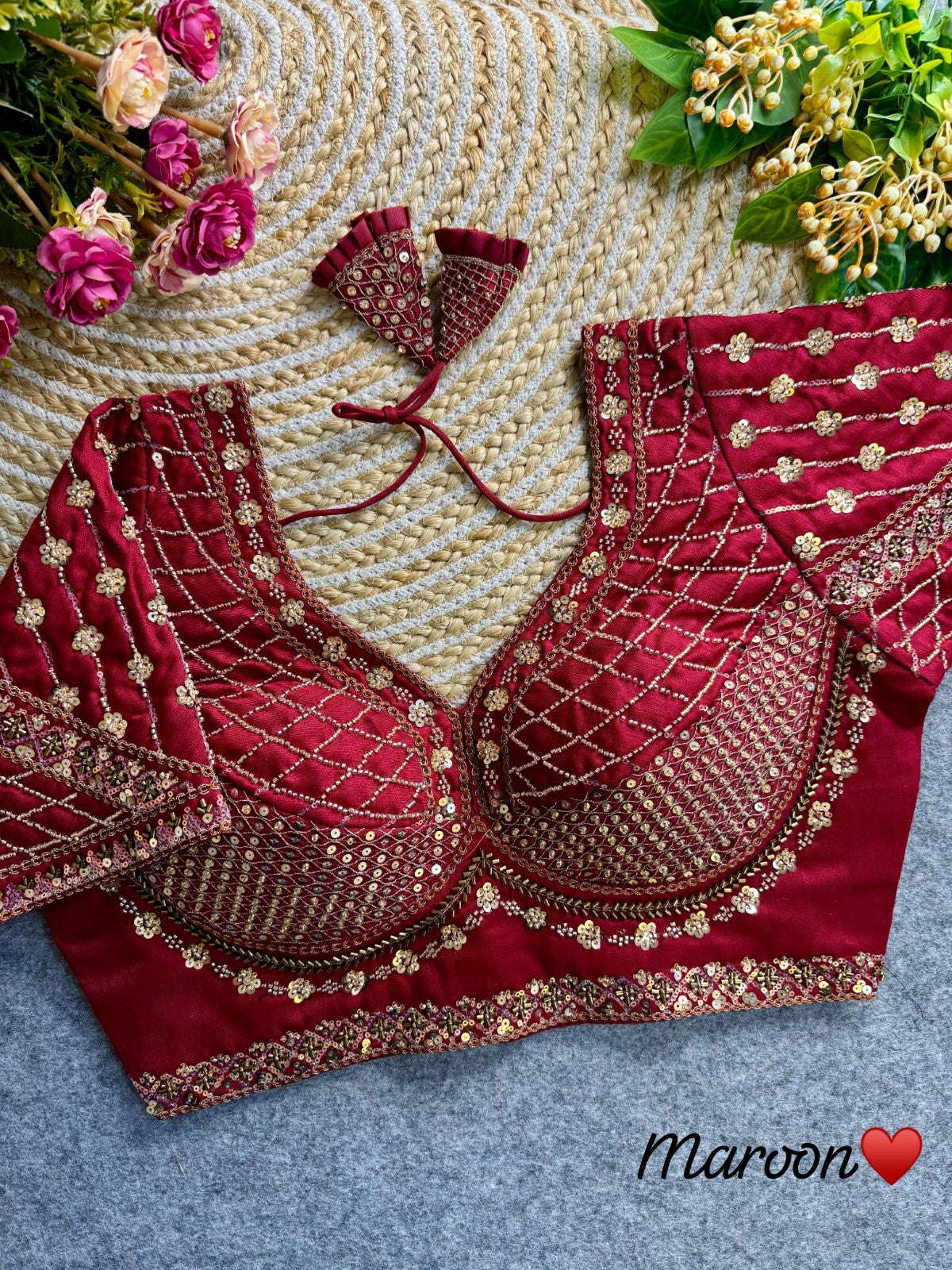 Readymade Pure Italian silk hand work with coding thread work Padded Sequins blouse