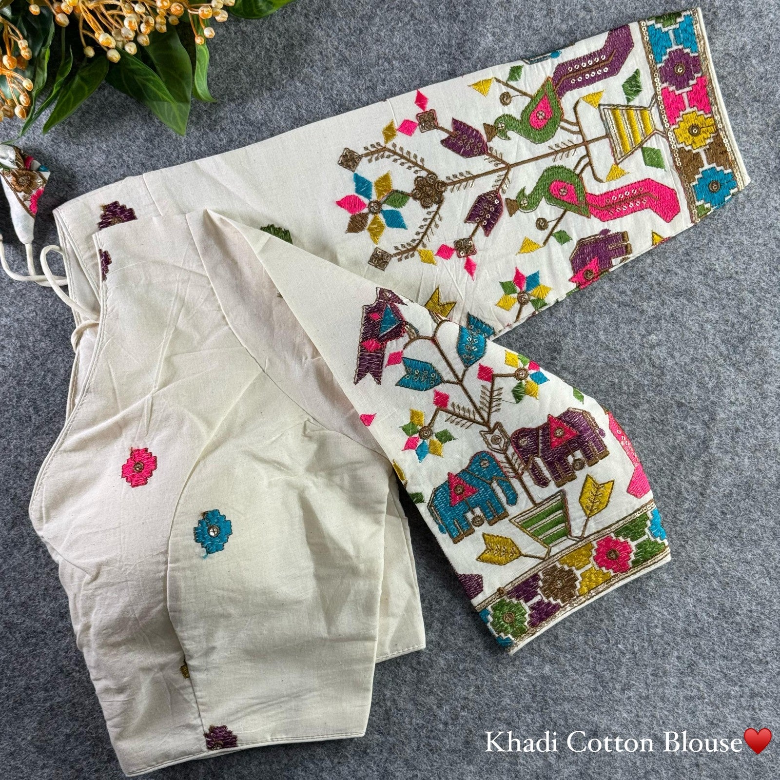 White Khadi cotton with Thread Coding Embroidery work Padded Blouse