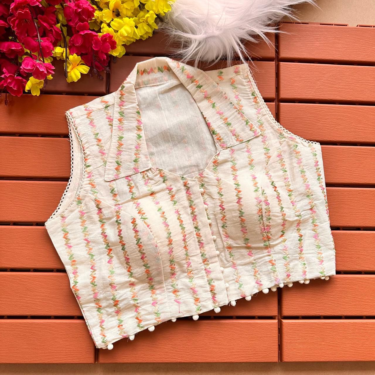 White Padded Pure Khadi cotton Embroidery with Sequins Collar neck Sleeveless blouse