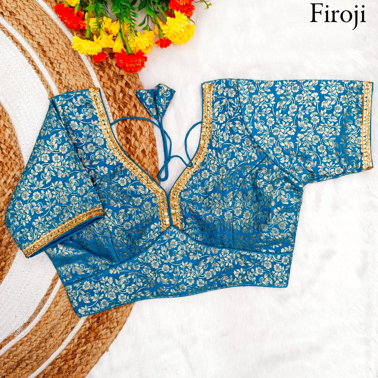Pure dola silk Weaving zari Lace border work Padded V neck blouse