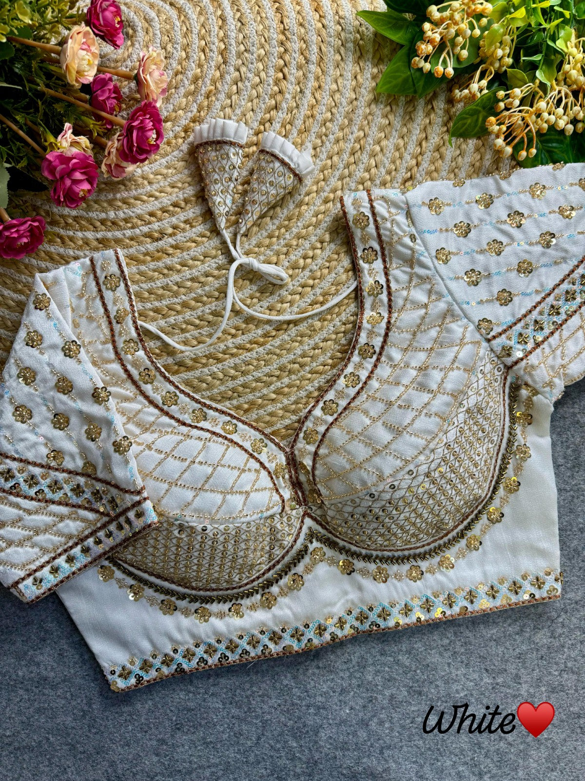 Readymade Pure Italian silk hand work with coding thread work Padded Sequins blouse