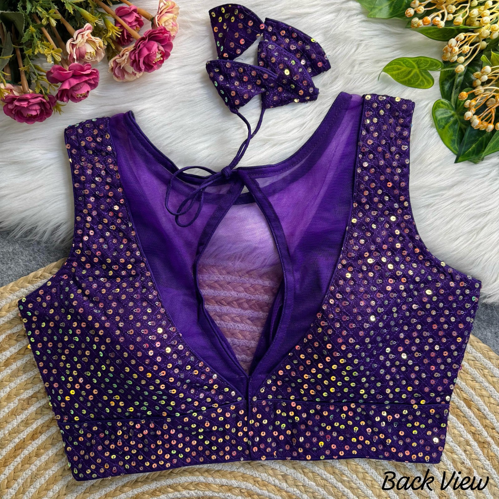 Deep v neck Sleeveless Padded blouse Imported net with Sequins work blouse