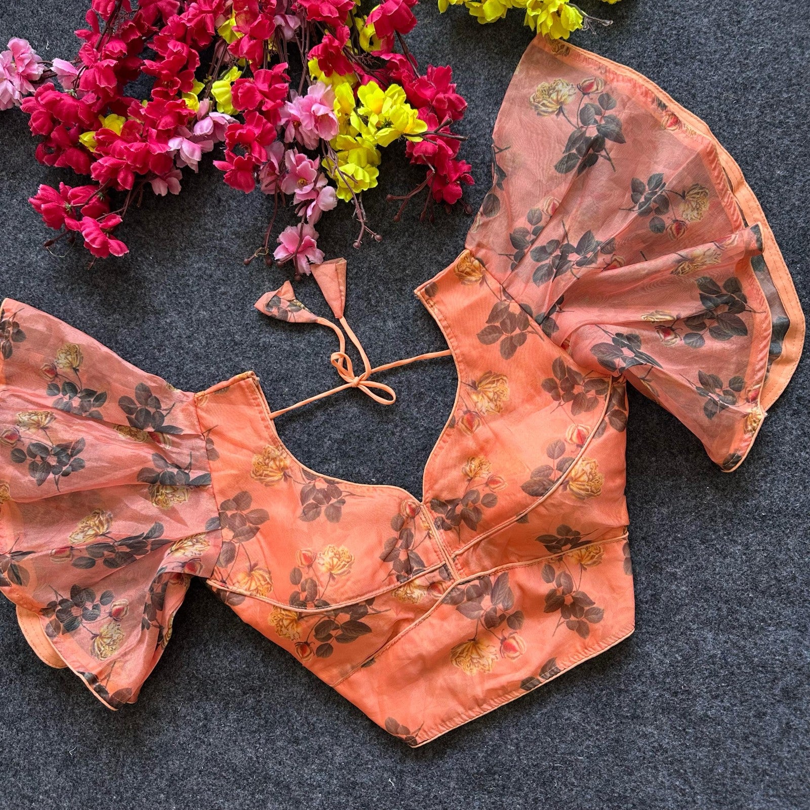 Pure organza with Digital print work Padded Frill sleeves blouse