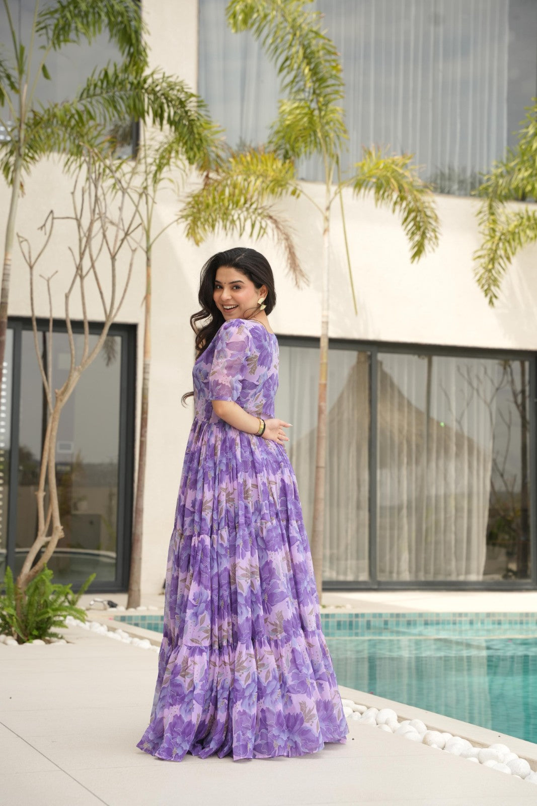 Faux Georgette fabric with print work Gown V neck Half sleeve Printed gown