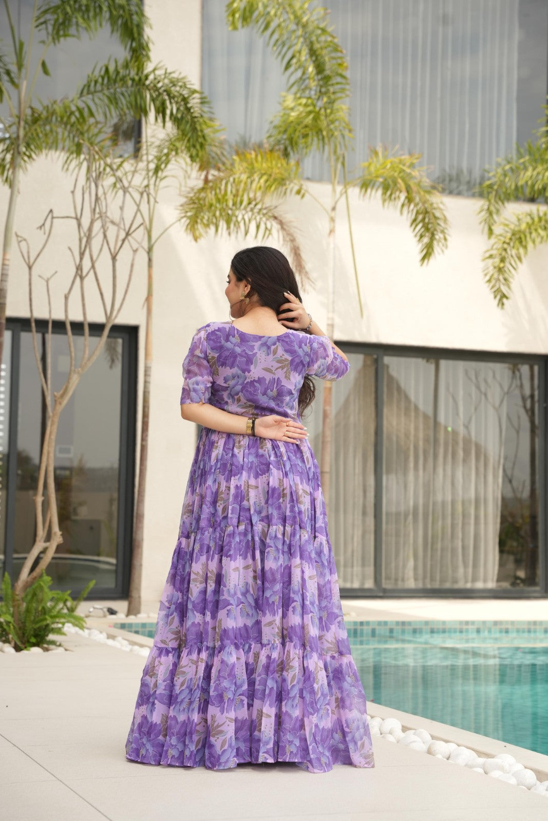 Faux Georgette fabric with print work Gown V neck Half sleeve Printed gown