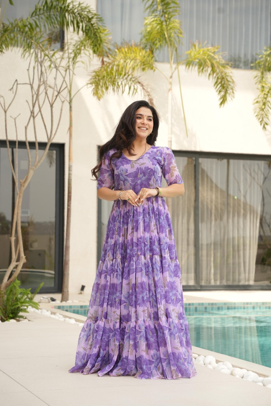 Faux Georgette fabric with print work Gown V neck Half sleeve Printed gown