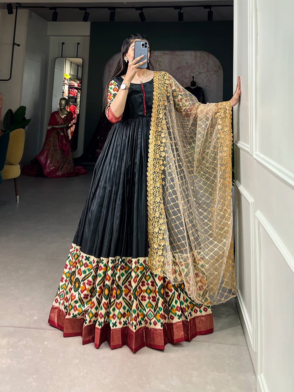 Black Dola silk Printed Gown Readymade Party wear Indian Dress with Dupatta